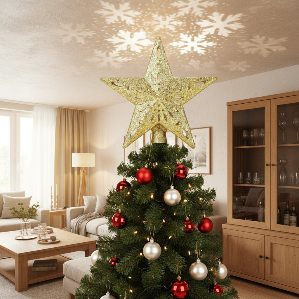 Christmas Tree Topper Star Lighted 3D Glitter